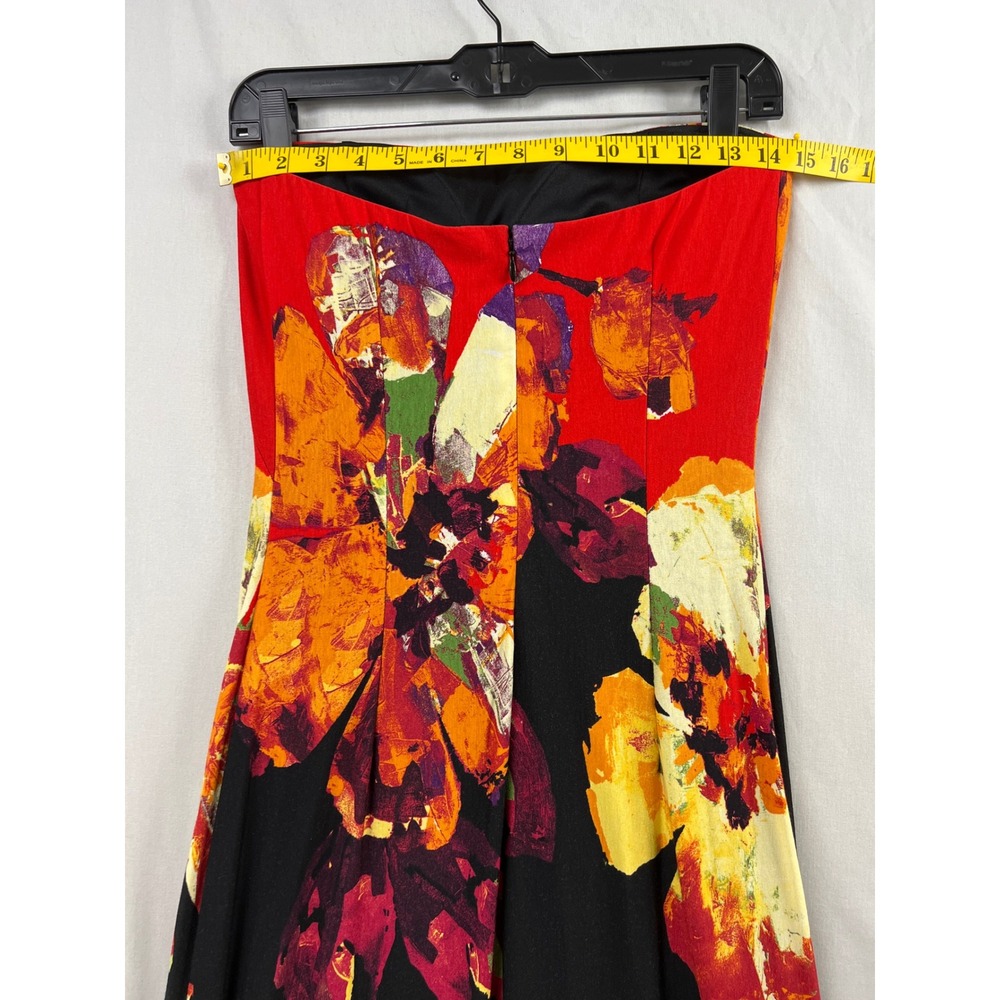 Cache Strapless Dress Womens 8 Black Red Floral Ruffle Midi Bodycon Cocktail - Picture 4 of 9